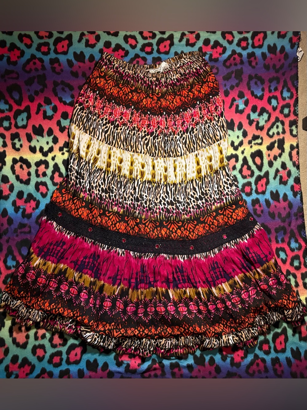 Tiered Multicolor animal print Y2K  Boho Maxi Skirt - Pink, Orange, Yellow